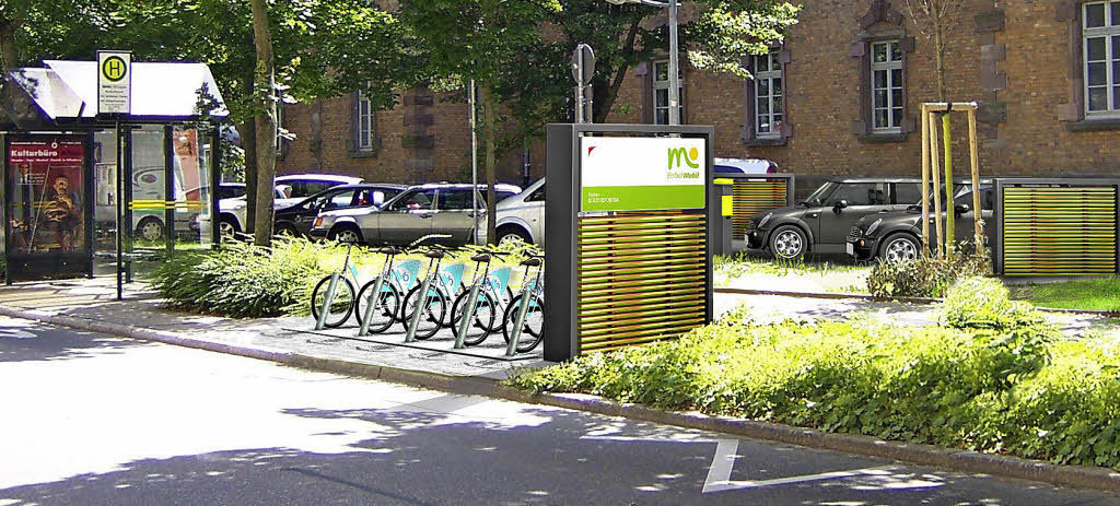 Zentrale Mobilitätsstationen mit Leihrädern, E-Ladestationen und Bushaltestelle – wie hier am Kulturform – gehören zum Konzept der Stadt Offenburg.