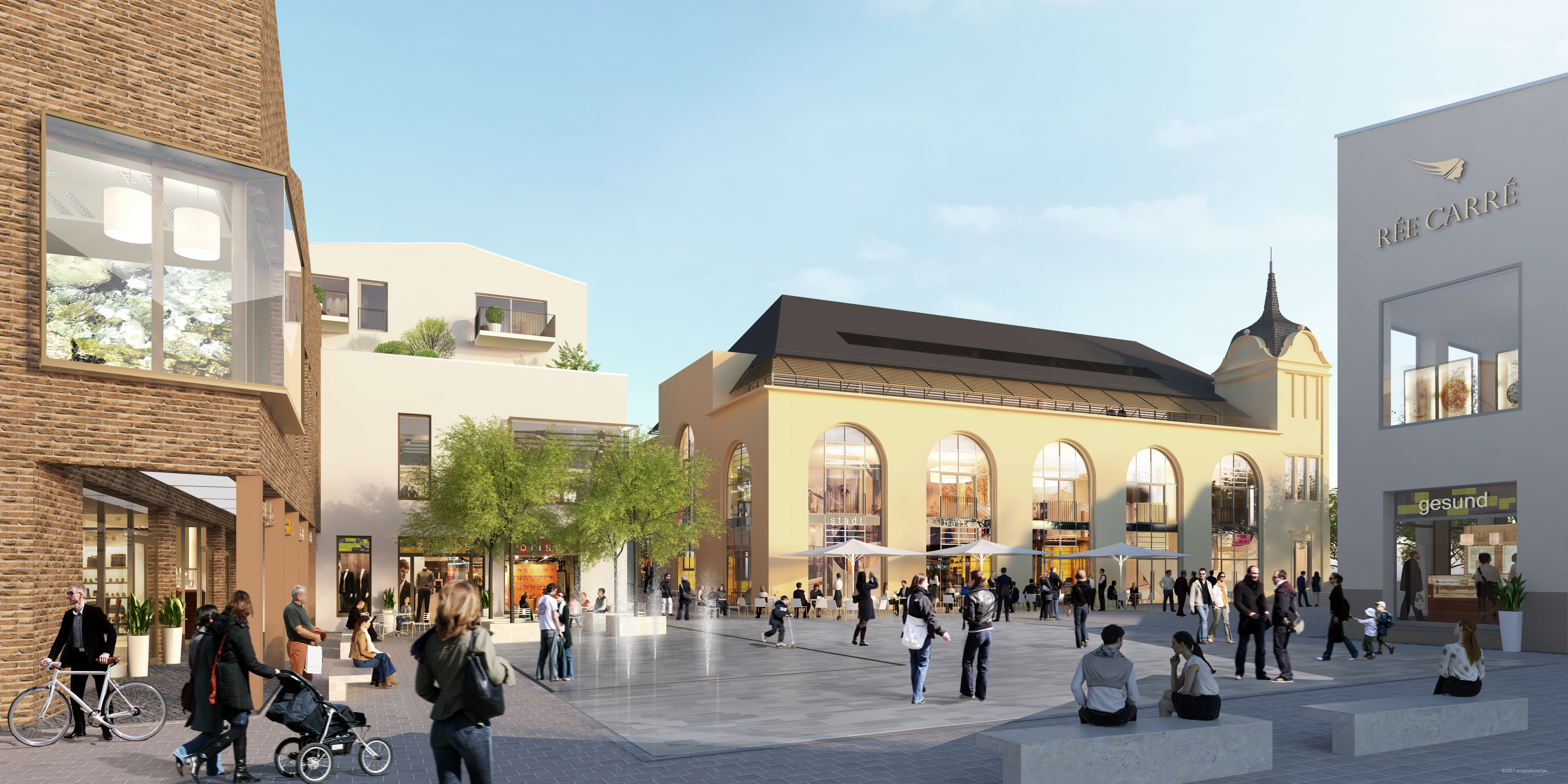 Der aktuellste Entwurf für Fassaden, alte Stadthalle und den Platz in dem Ensemble der Einkaufsgalerie