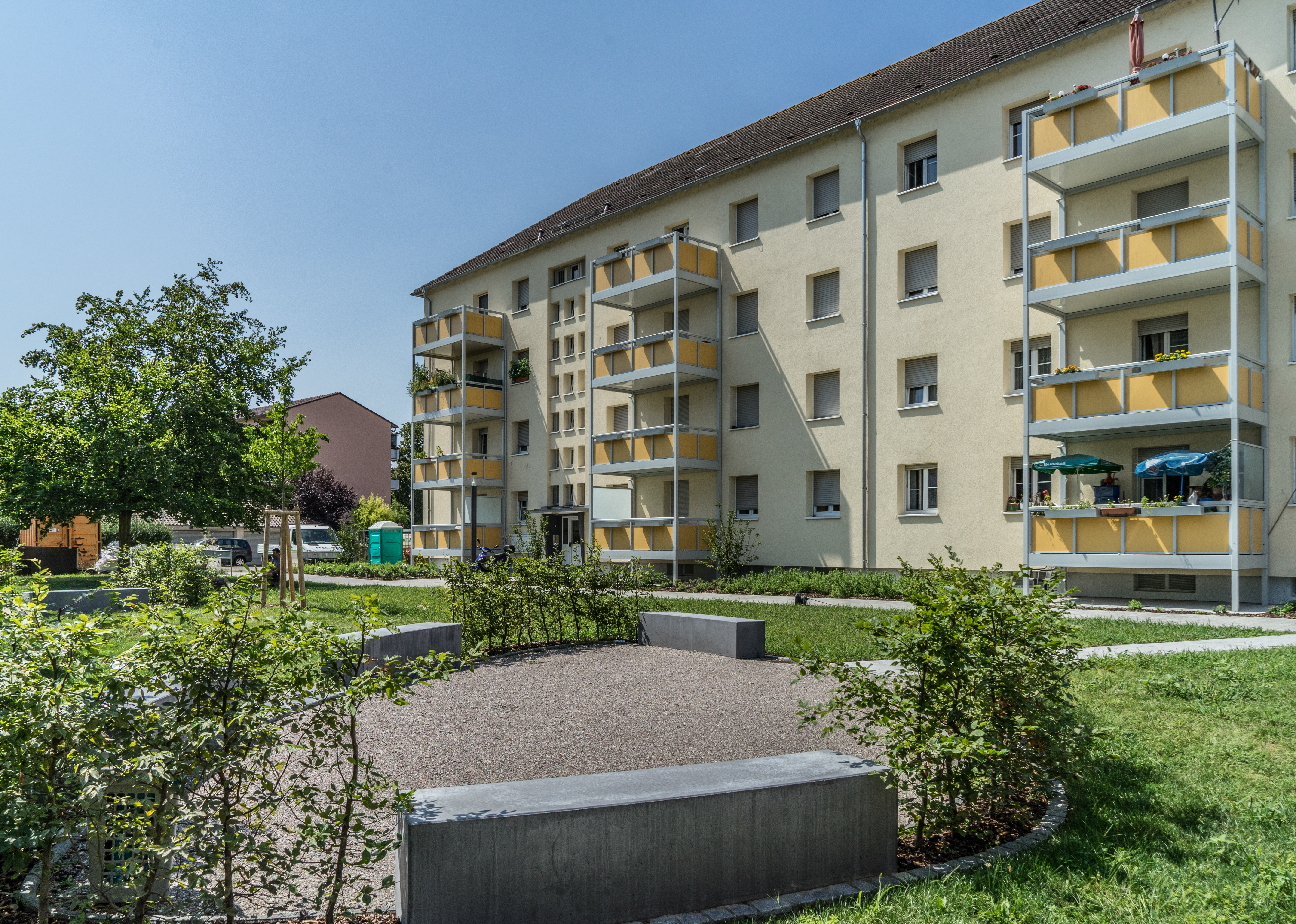 Es wird grün in der Kreuzmatt, die Innenhofbegrünung läuft auf Hochtouren.
