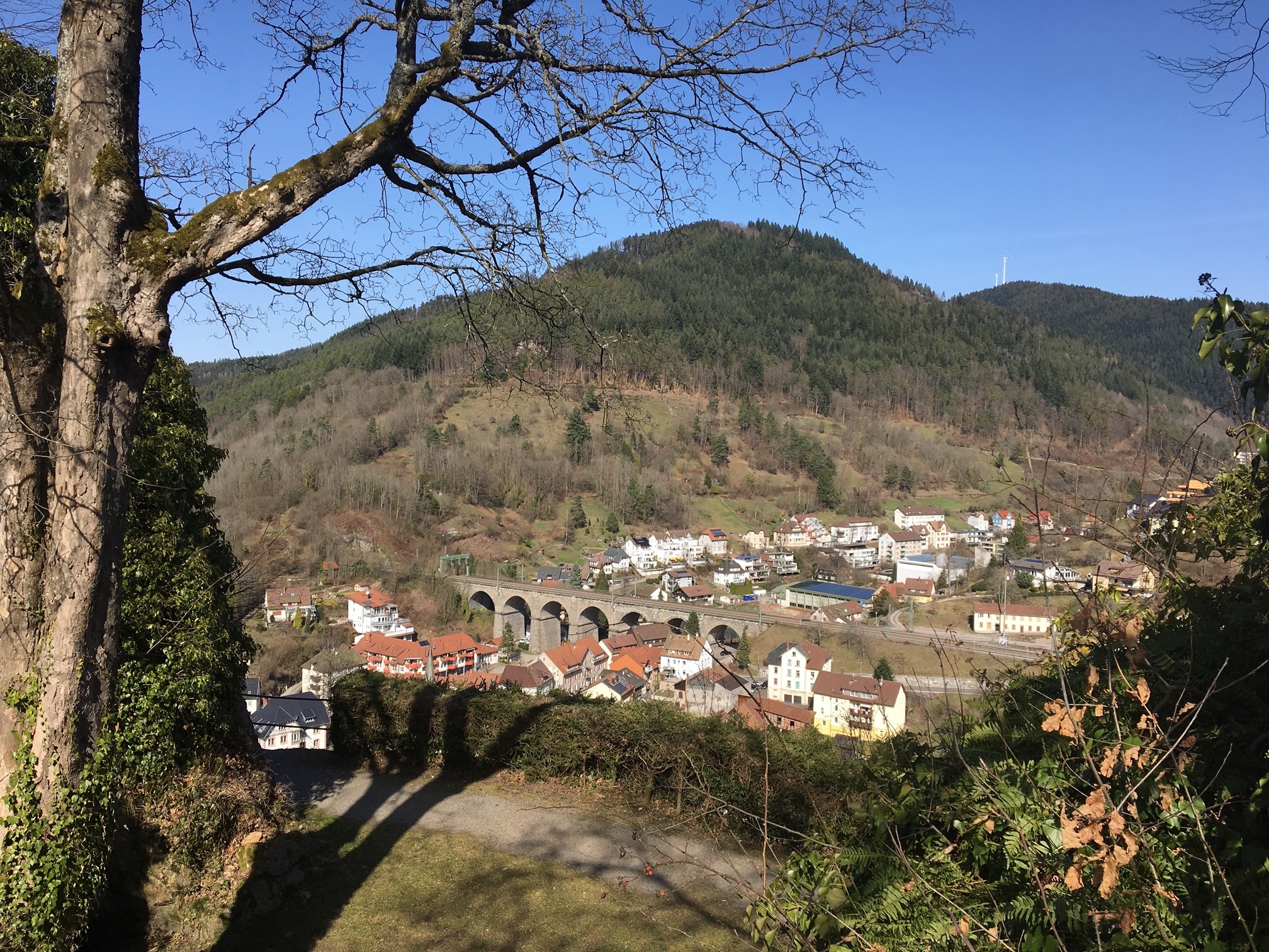 Der Blick vom Schlossberg auf das Hornberger Viadukt.