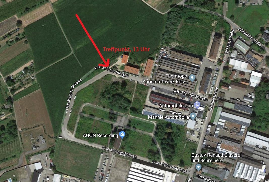 Luftaufnahme vom Gebiet Holderstock mit dem Treffpunkt (rot markiert)