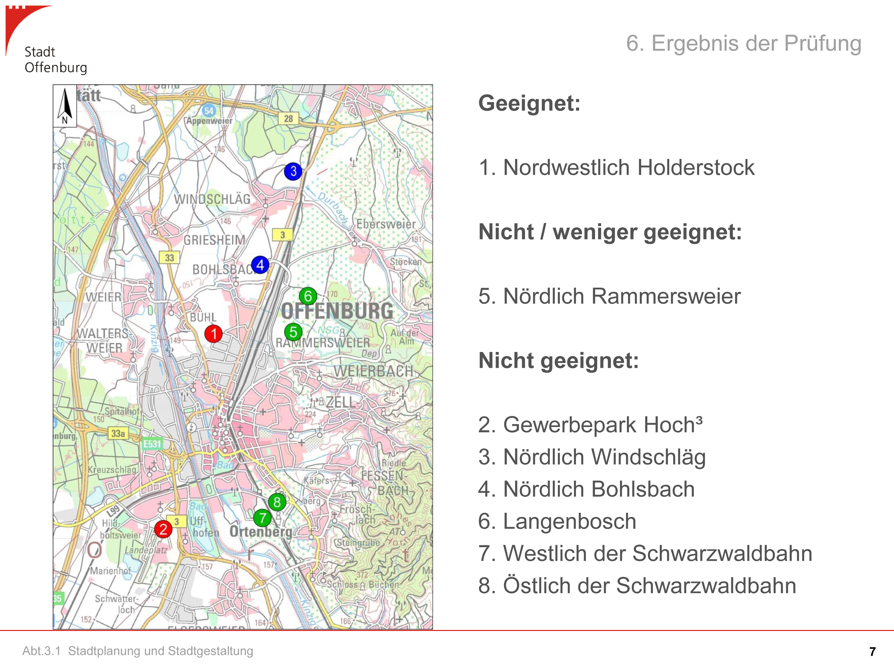 Eine Übersichtskarte über die für einen Klinikneubau in Frage kommenden Standorte in Offenburg