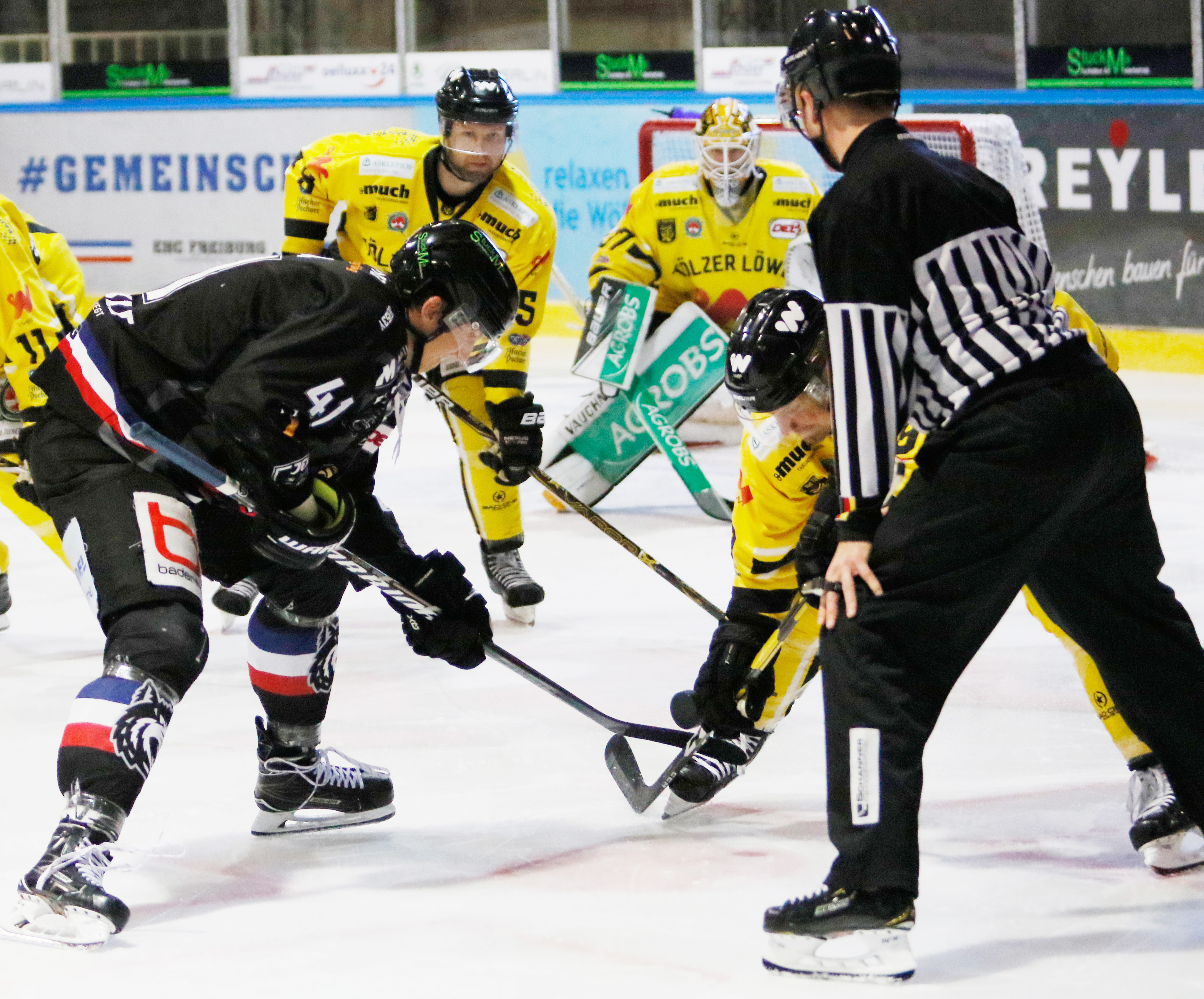 Dem EHC Freiburg (schwarzes Trikot) steht noch viel Arbeit bevor, bis der Klassenerhalt gesichert ist.