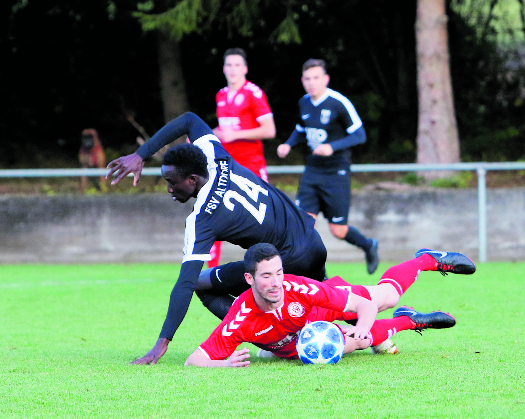 Der FSV Altdorf (schwarzes Trikot) ist zwar ins Straucheln gekommen, konnte aber dem Abstieg noch entrinnen.