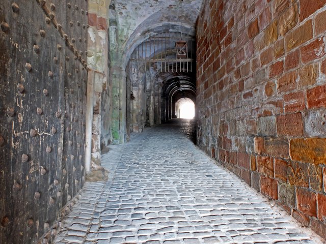 Gewölbetunnel des Haupeingangs.

1793 wurde die Festung von preußischen Truppen angegriffen. Nachdem die Preußen, das kleine Festungstor überrannt hatten und vor dem großen Burgtor standen, machten sich deren Pioniere an die Arbeit und schlugen mit ihren Äxten auf das Tor (hier linls im Bild) ein. Das eingangstor, trägt heute noch die Spuren der Axtschläge.
 | Foto: Alfred Schramm