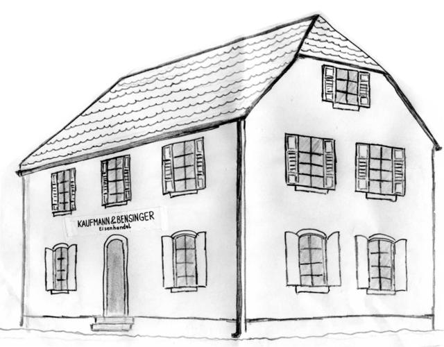 Wohn- und Geschäftshaus der Eisenhandlung Kaufmann &amp; Bensinger - nach einem historischen Foto. | Foto: Quelle: Karl Britz