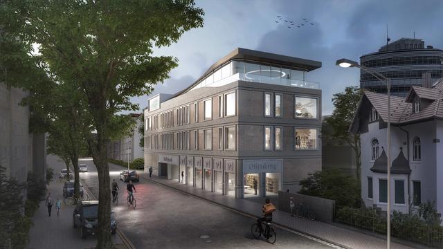 So könnte das neue Gebäude der Volksbank in der Ortenau an der Gaswerkstraße in Offenburg einmal aussehen. Die Planer haben die Anregungen des Gestaltungsbeirates der Stadt Offenburg umgesetzt, so dass sich das neue Gebäude in das bestehende Ensemble einfügt. Dem Gestaltungsbeirat werden die neuen Entwürfe im Juli noch einmal zur Beratung vorgelegt. | Foto: Volksbank in der Ortenau