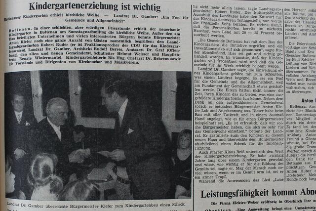 Groß berichtete die Lokalpresse vor 51 Jahren von der Einweihung des Kindergartens in Bottenau. Anton Kiefer, Bürgermeister der damals selbstständigen Gemeinde, konnte zur Eröffnung neben einer Vielzahl von interessierten Bürgern auch Vertreter aus der Kreis- und Landespolitik begrüßen. | Foto: Stadtarchiv Oberkirch