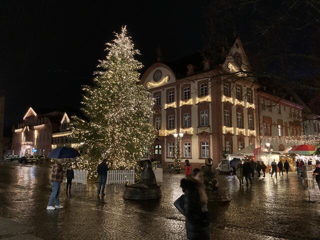 Die elf Meter hohe Nordmanntanne vor dem Rathaus im Weihnachtsschmuck | Foto: gro
