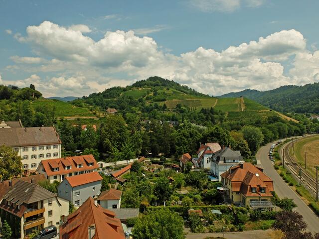 Blick von der Türmerstube des Kinzigtorturmes hinüber zum Abtsberg und dem  Pavillon. | Foto: Alfred Schramm