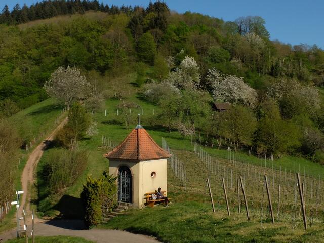 Von der Jakobuskapelle führt der Weg vorbei an Bildern, des Küntlervereins ARTist, zu dieser Eckkapelle. Rechts davon geht ein kleiner Hohlweg hinab zu einer Laube. Von dort führt dann links der Weg hinauf zum Pavillon. Entlang dieses Weges sind weitere Bilder der Künster:innen von ARTist  aufgestellt. | Foto: Alfred Schramm