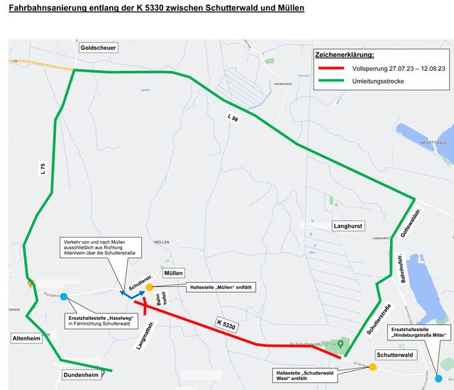 Dieser Plan zeigt die Umleitungsstrecken während der Bauphase zwischen Schutterwald und Müllen. | Foto: Landratsamt Ortenaukreis