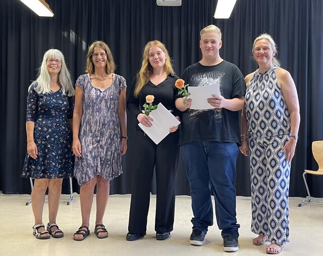 Verabschiedung der Fachpraktiker*innen Hauswirtschaft
von links : Petra Harms (Dinglinger Haus), Klassenlehrerin: C. Braunstein, Serap Aydin, Jason Schweiss mit der Schulleiterin: Christina Seebeck