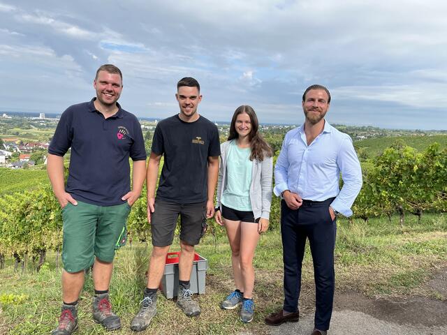 Benedikt und David Vollmer (v. l.), Weinprinzessin Sarah Schmidt und Florian Streif, Marketing Weinmanufaktur Gengenbach-Offenburg im Weinberg | Foto: gro