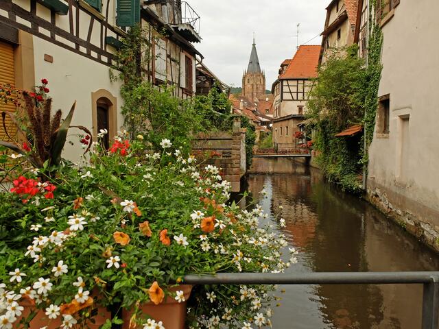 Das kleine Städtchen Wissembourg ganz im Norden des Elsass, an der Grenze zur Südpfalz ist eine Ausflugstour wert. Hier auf einem kleinen Steg an dem Flüsschen Lauter, hat man einen Blick zum Kirchturm von St. Peter und Paul. | Foto: Alfred Schramm