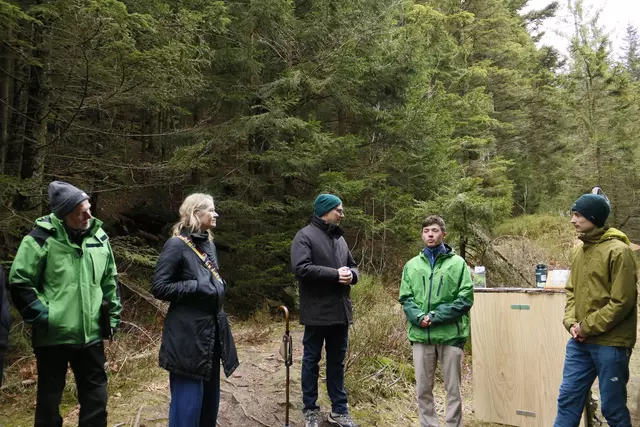 Nationalpark-Leiter Dr. Wolfgang Schlund (v. l.), Umweltministerin Thekla Walker und Bernd Mettenleiter sowie Teilnehmer des Young Explorer-Programms | Foto: Norbert Hense