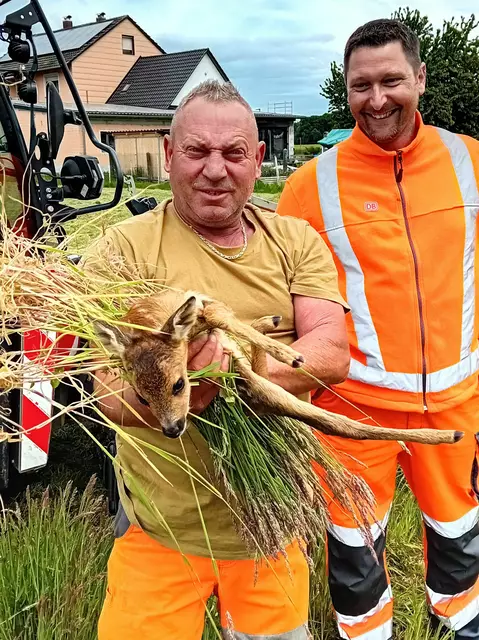 Thomas Kappes (r.) fand das Rehkitz, Uwe Fischer (vorne) setzte das Rehkitz an einen sicheren Platz um. | Foto: Susan von Bühren/Stadt Rheinau