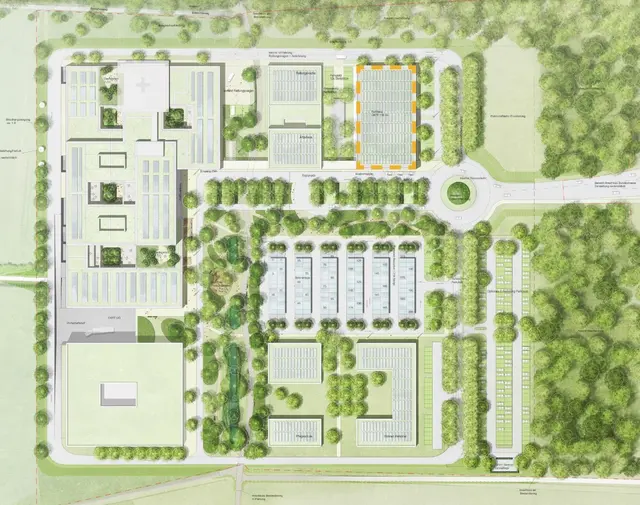 Lageplan Variante 3: Kombination Parkhaus und ebenerdige Stellflächen auf künftigem Klinikcampus Lahr | Foto: gmp International GmbH