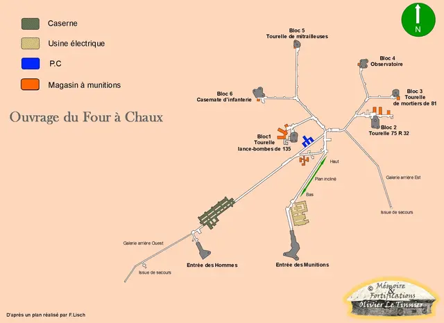 Plan des Forts Four à Chaux.
Auf der Karte befinden sich im vorderen Bereich der Eingangsbereich der Mannschaften und die daneben liegende Kaserne sowie der Eingangsbereich für die Munition.  Des Weiteren sieht man die Lage der Kampfblöcke. 
Block 1 Turm mit 135-mm-Granatenwerfern, Block 2 Turm 75 R 32 Geschütz,
Block 3 Turm mit 81-mm-Mörsern, Block 4 Beobachtungsstelle, 
Block 5 Turm mit Maschinengewehren und Block 6 Infanteriekasematte.