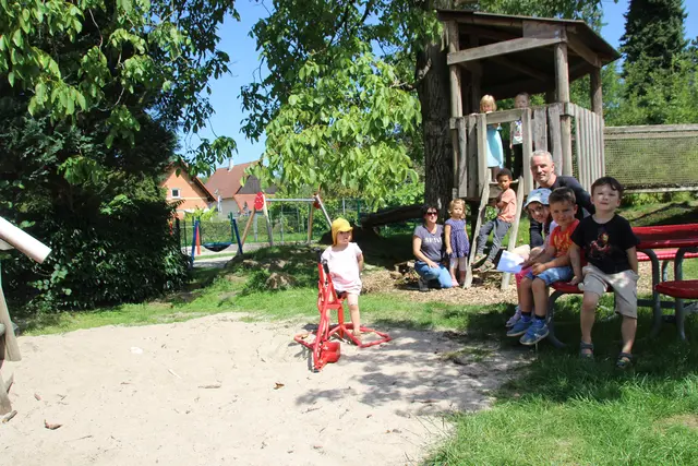 Die Neugestaltung des Außenspielbereiches hat den Platz aufgewertet. Darüber freuen sich neben Kindern auch Erzieherin Marion Frei (2. von links) und Kindergartenleiter Christian Rastatter (4. von rechts) | Foto: Alexandra Schneble-Schutter