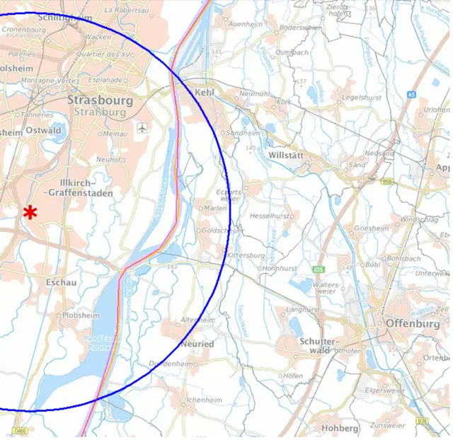 Auf dieser Karte ist die Überwachungszone in der Ortenau zu sehen, für die wegen des Vogelgrippefalls in Straßburg strengere Auflagen gelten. | Foto: Landratsamt Ortenaukreis