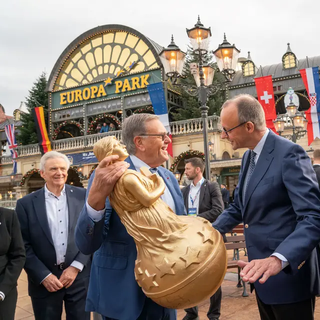 Bundeskanzler Friedrich Merz erhält von Roland Mack eine Original-Skulptur "Steh auf Europa“ des Künstlers Ottmar Hörl. | Foto: Europa-Park