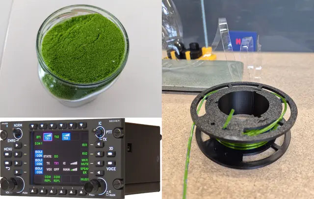 Aus den PMMA-Resten werden zunächst Recyclingfilamente und aus diesen dann unter anderem die Linsen für den Intercom-Baustein der Firma Becker Avionics hergestellt (von links oben im Uhrzeigersinn).  | Foto: Hochschule Offenburg (2)/Becker Avionics (1)