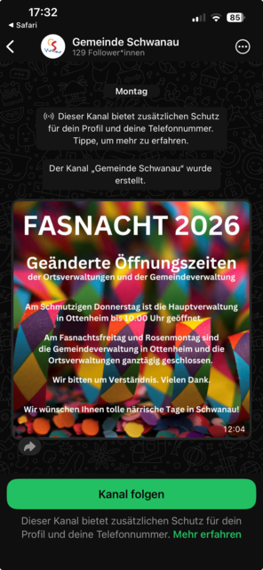Der neue WhatsApp-Kanal der Gemeinde Schwanau | Foto: Screenshot: mak