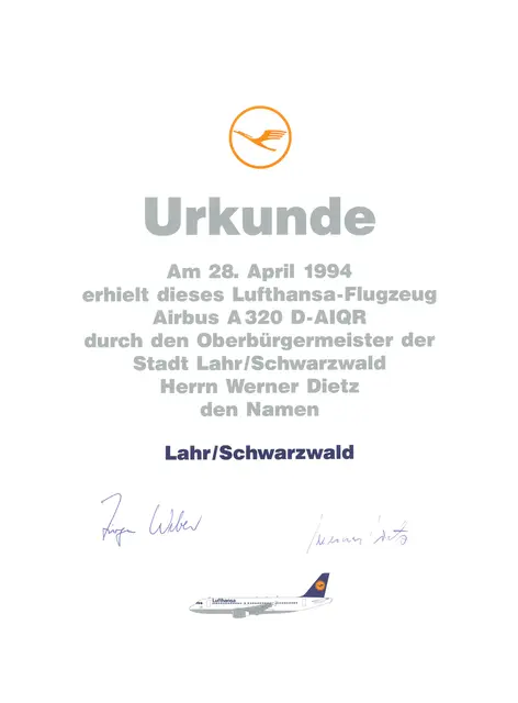 Taufurkunde aus dem Jahr 1994 | Foto: Lufthansa 