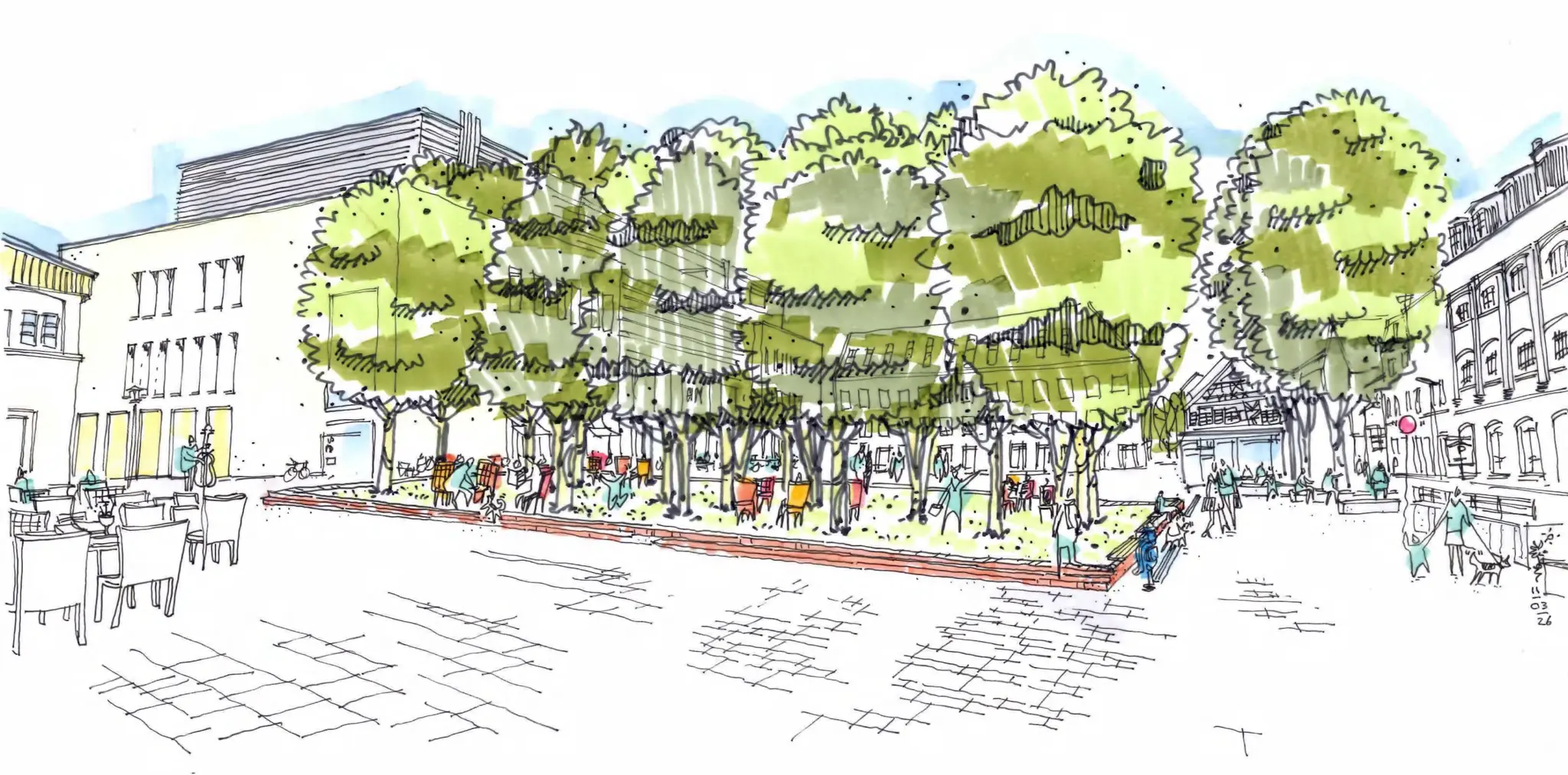 Bauarbeiten am Marktplatz für den Klimahain