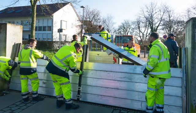 Neue und erfahrene Mitarbeiter üben gemeinsam die Dammscharten zu schließen, damit beim nächsten Hochwasser alles klappt. | Foto: Stadt Kehl