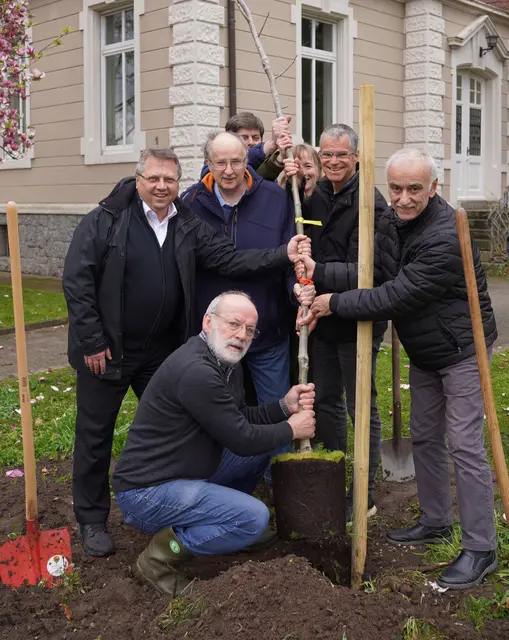 Gemeinsam ein Zeichen gesetzt: Vertreter der Stadt Oberkirch und des Café Abraham pflanzten im Rathauspark den neuen „Baum der Verbundenheit“ im Rahmen der Internationalen Wochen gegen Rassismus.  | Foto: Tamara Fritsch/Stadt Oberkirch