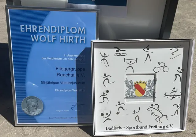 Ehrendiplom WOLF HIRTH vom BWLV und Ehrentafel vom Badischen Sportbund 