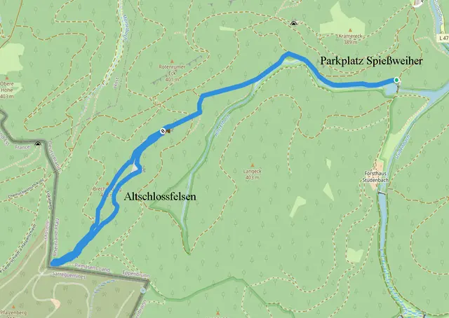   Der ca. 2,5 Kilometer lange Weg zum Altschlossfelsen von den Parkplätzen Stüdenbachweiher und Spießweiher aus. Auf der Karte ist erkennbar, dass die Altschlossfelsen umrundet werden können. 