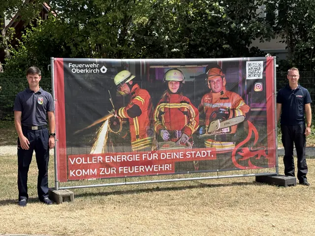 Philipp Sturm (links) von der Arbeitsgruppe Öffentlichkeitsarbeit der federführend an der Gestaltung beteiligt war und Feuerwehrkommandant Sven Buser (rechts) vor einem Werbebanner.  | Foto: Freiwillige Feuerwehr Oberkirch 