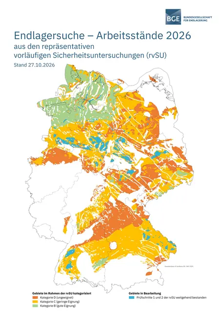Die Karte zeigt den aktuellen Arbeitsstand. Die türkisfarbenen Flächen werden weiter geprüft.
 | Foto: Grafik: BGE