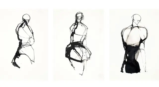 Bandfigur sitzend. Rohrfeder auf Papier 2013 | Foto: Wolfgang Ebert