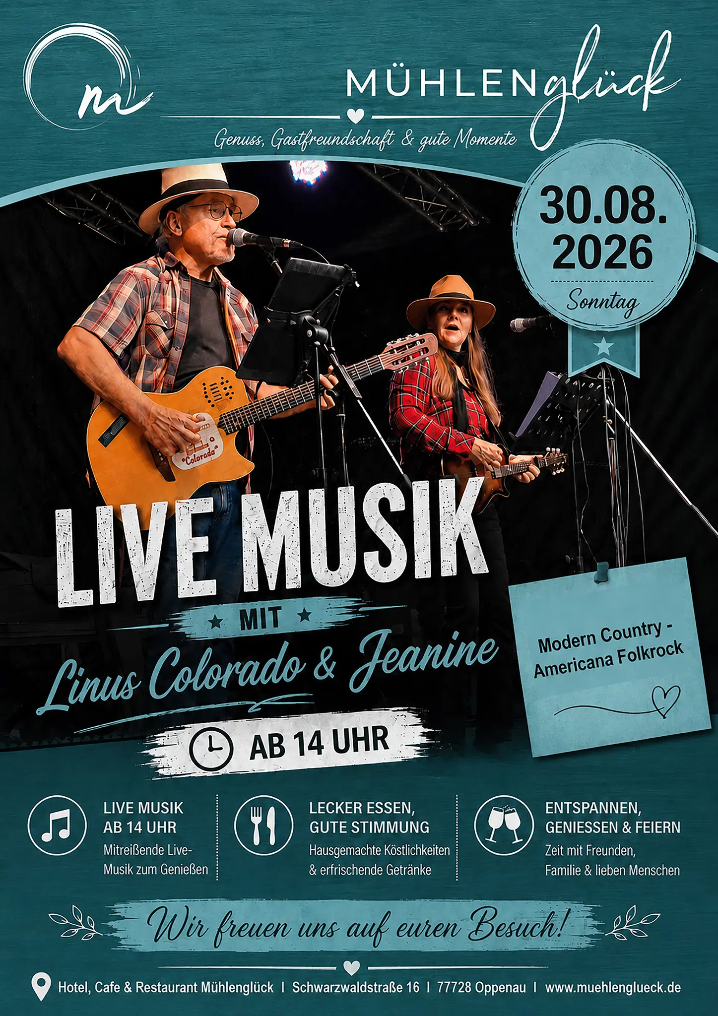 Live Musik mit "Linus Colorado & Jeanine" im schönen Biergarten vom Hotel, Café & Restaurant Mühlenglück in Oppenau